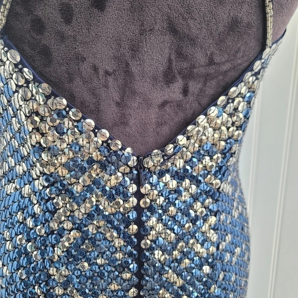 Cache Womens Sequin Blue Silver Maxi Formal Dress Prom Queen Slit Open Back Sz 4 - Picture 6 of 16